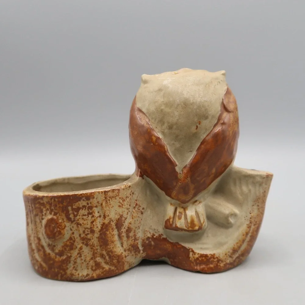 Vintage Bird Owl Sitting on Log Candle Holder Brown Ceramic by Counterpoint